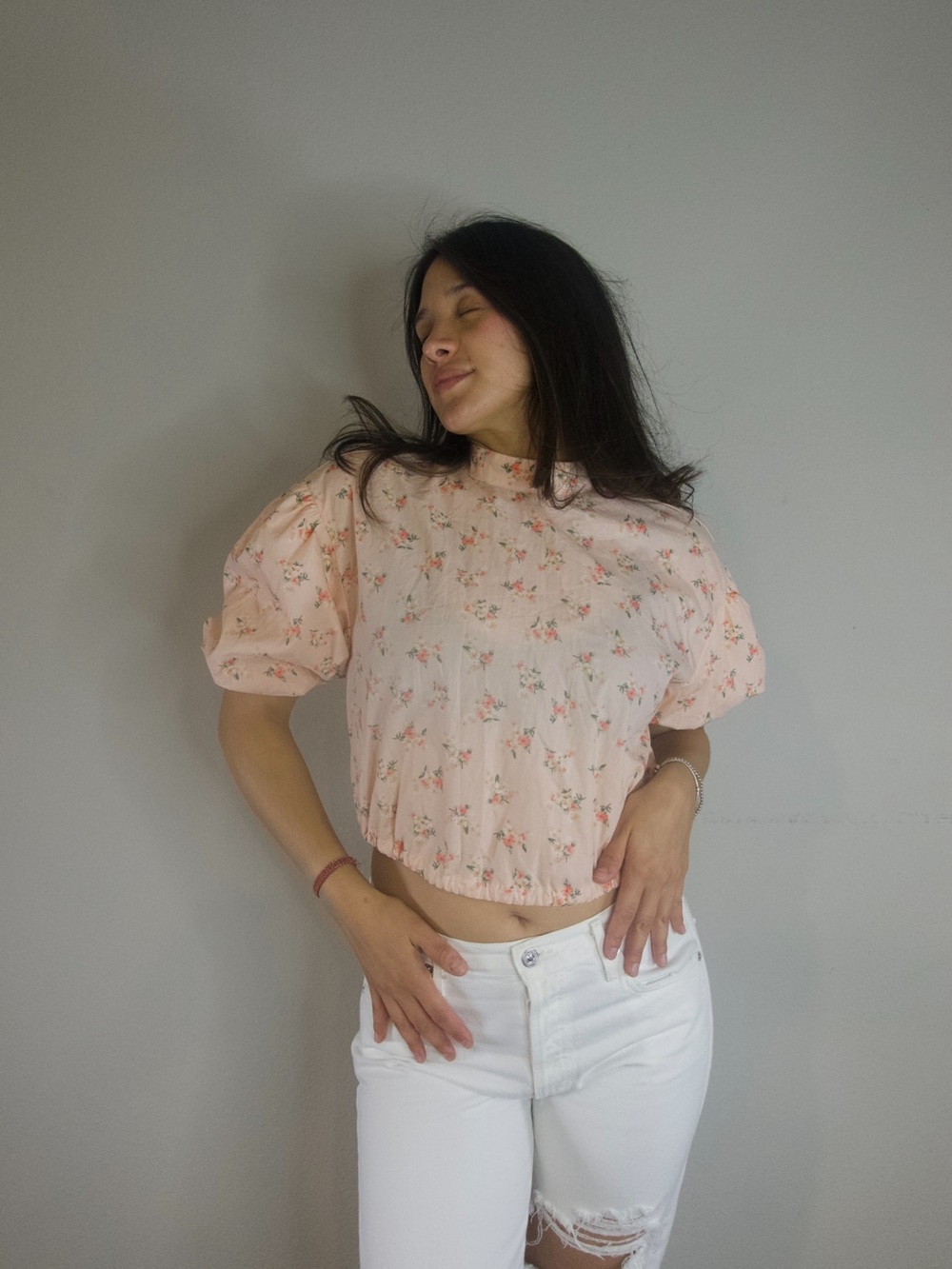 Anthropologie Floral Puff Sleeve Open Back Crop Top Size S